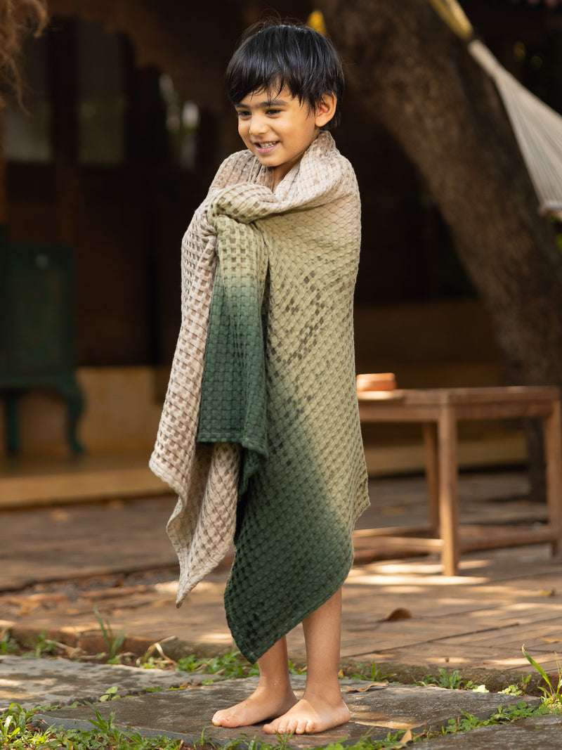 Dip Dye Cotton Bamboo Waffle Bath Towel Clay Frosted Green