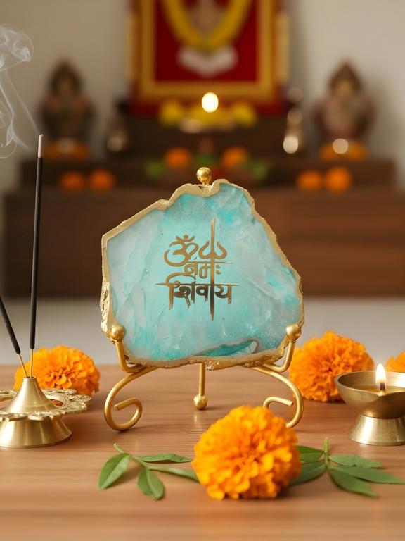Agate Decorative Plate with Metal Stand | Om Namah Shivaya