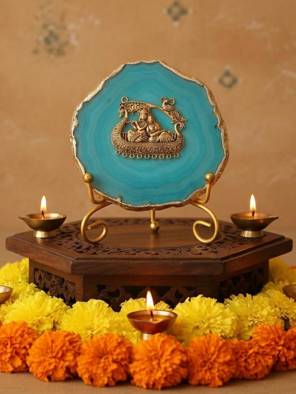 Agate Metal Radha Krishna Decorative Plate with Stand