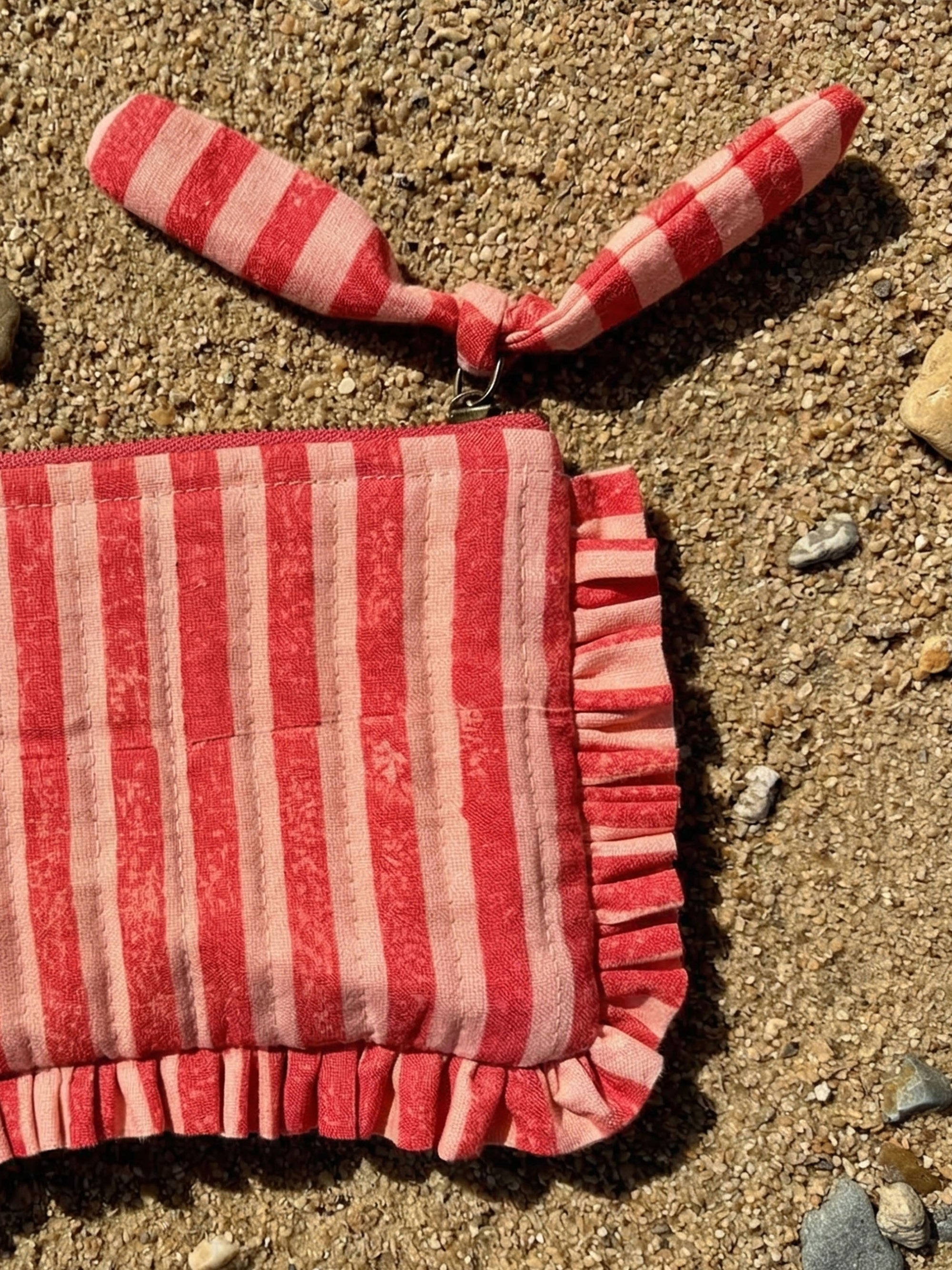 Pink & Red Stripes & Quilted Cotton Flat Frill Travel Pouch
