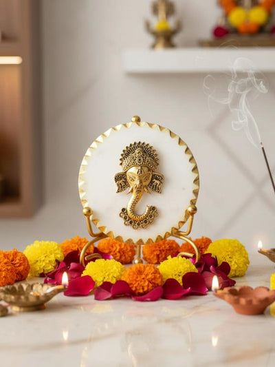 Premium Marble Metal Ganesha Decorative Plate with Stand