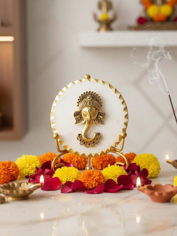 Premium Marble Metal Ganesha Decorative Plate with Stand