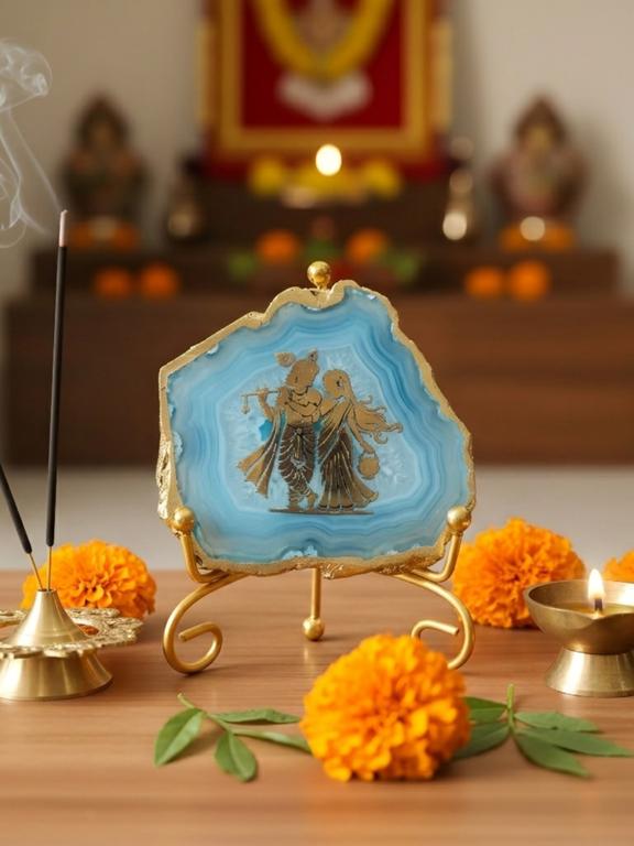 Natural Agate Stone Radha Krishna Frame Showpiece