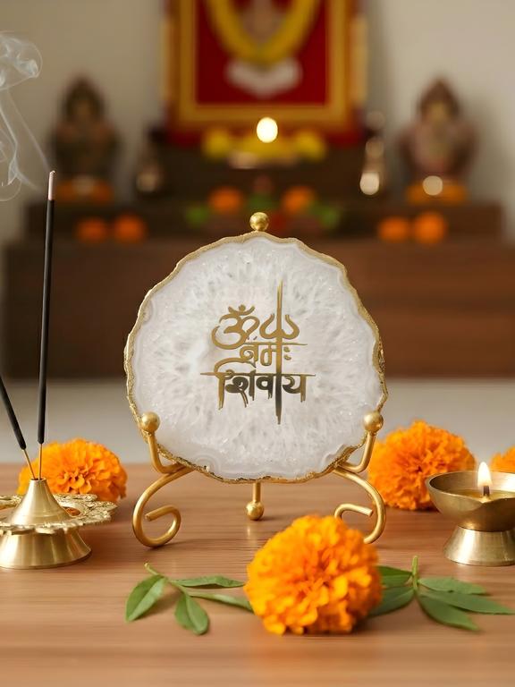 Agate Decorative Plate with Metal Stand | Om Namah Shivaya