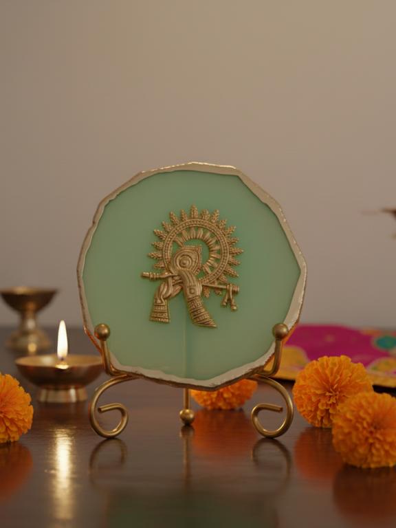 Agate Metal Krishna Decorative Plate with Stand