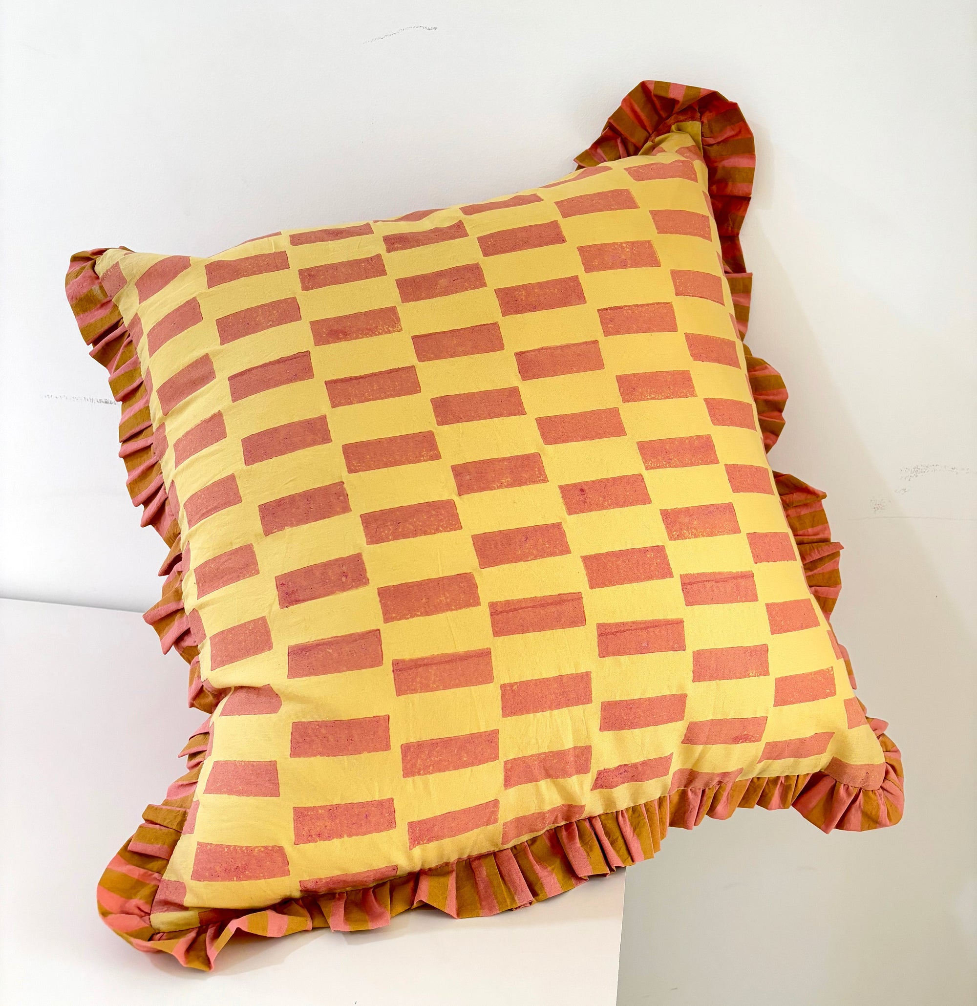 Stripe Break Cotton Ruffle Cushion Cover l Mustard & Peach