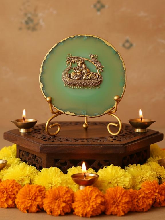 Agate Metal Radha Krishna Decorative Plate with Stand
