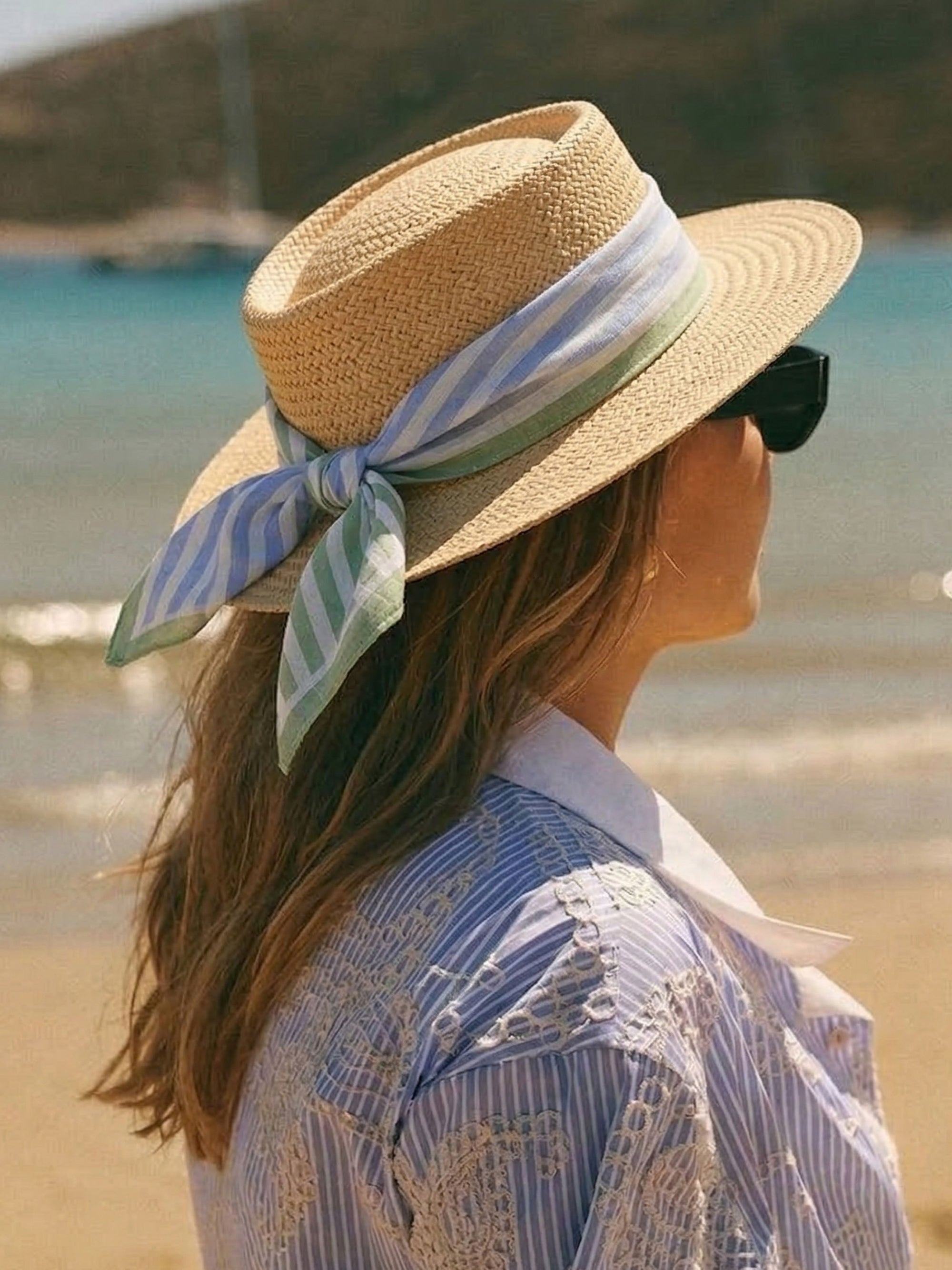 Blue & Green Stripes Bandana I Cotton Square Scarf