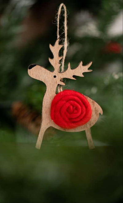 Wooden Reindeer with Red Rose Body Hanging Ornament_CC76