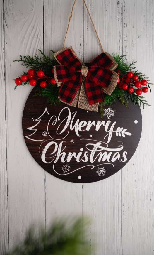Round Wooden Merry Christmas Sign with Bow_CC104