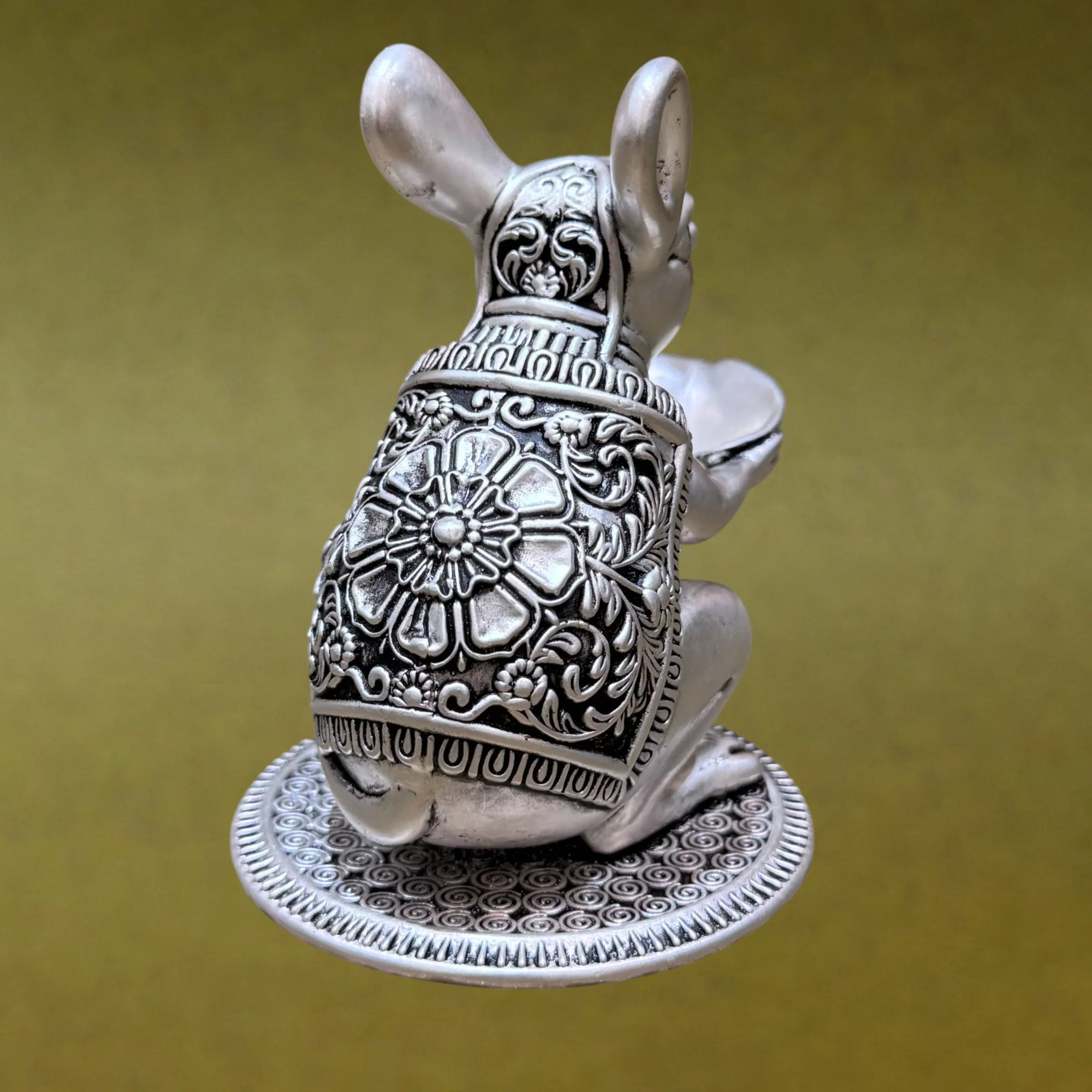 Intricately carved silver mouse idol on ornate base, Sabera store product
