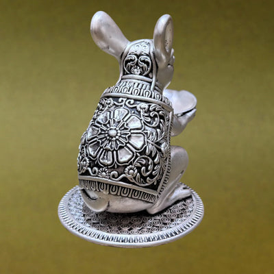 Intricately carved silver mouse idol on ornate base, Sabera store product