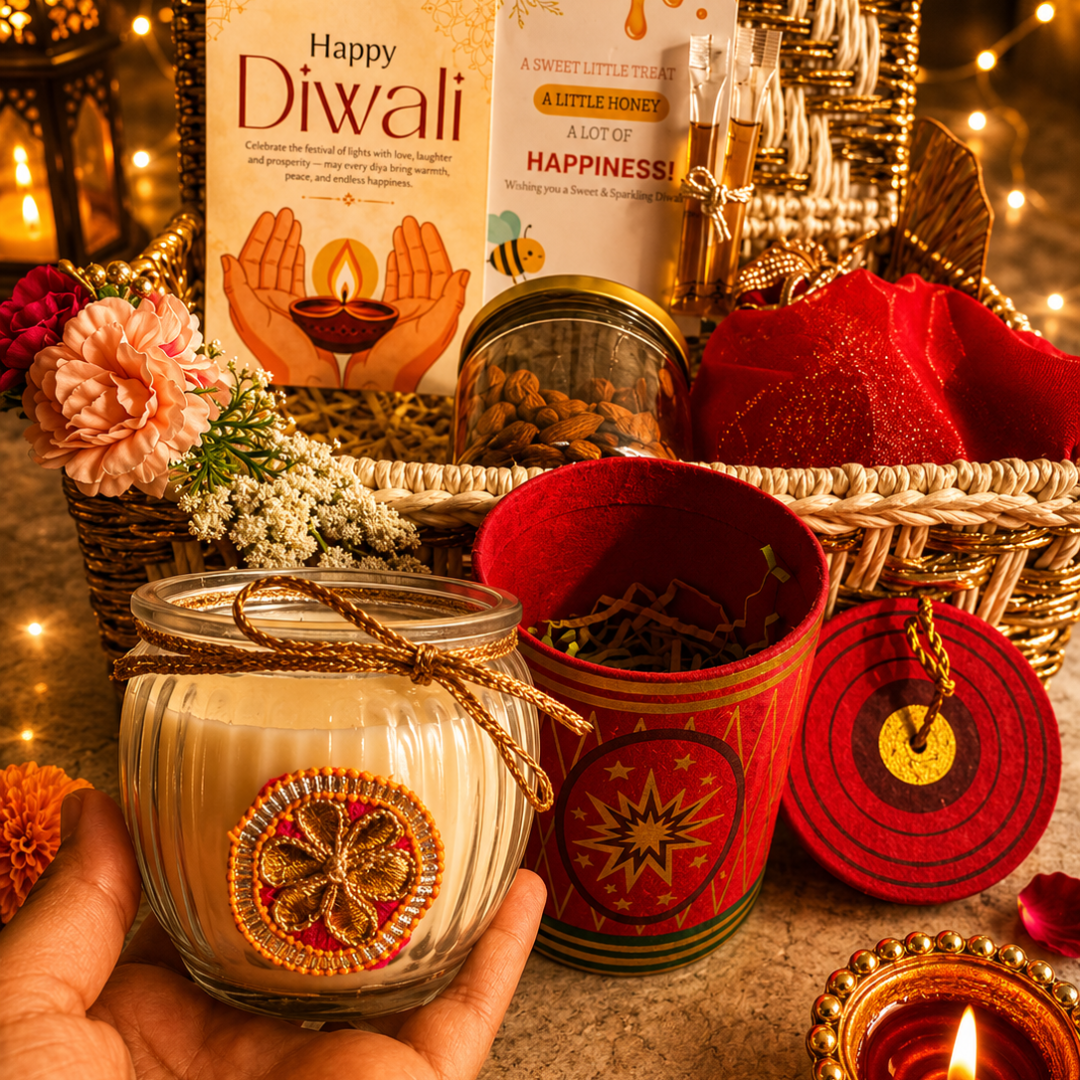 Ruby Glow Golden & White Festive Gift Basket | Diwali Hamper with Dry Fruits & Candle - https://artecasa.in/