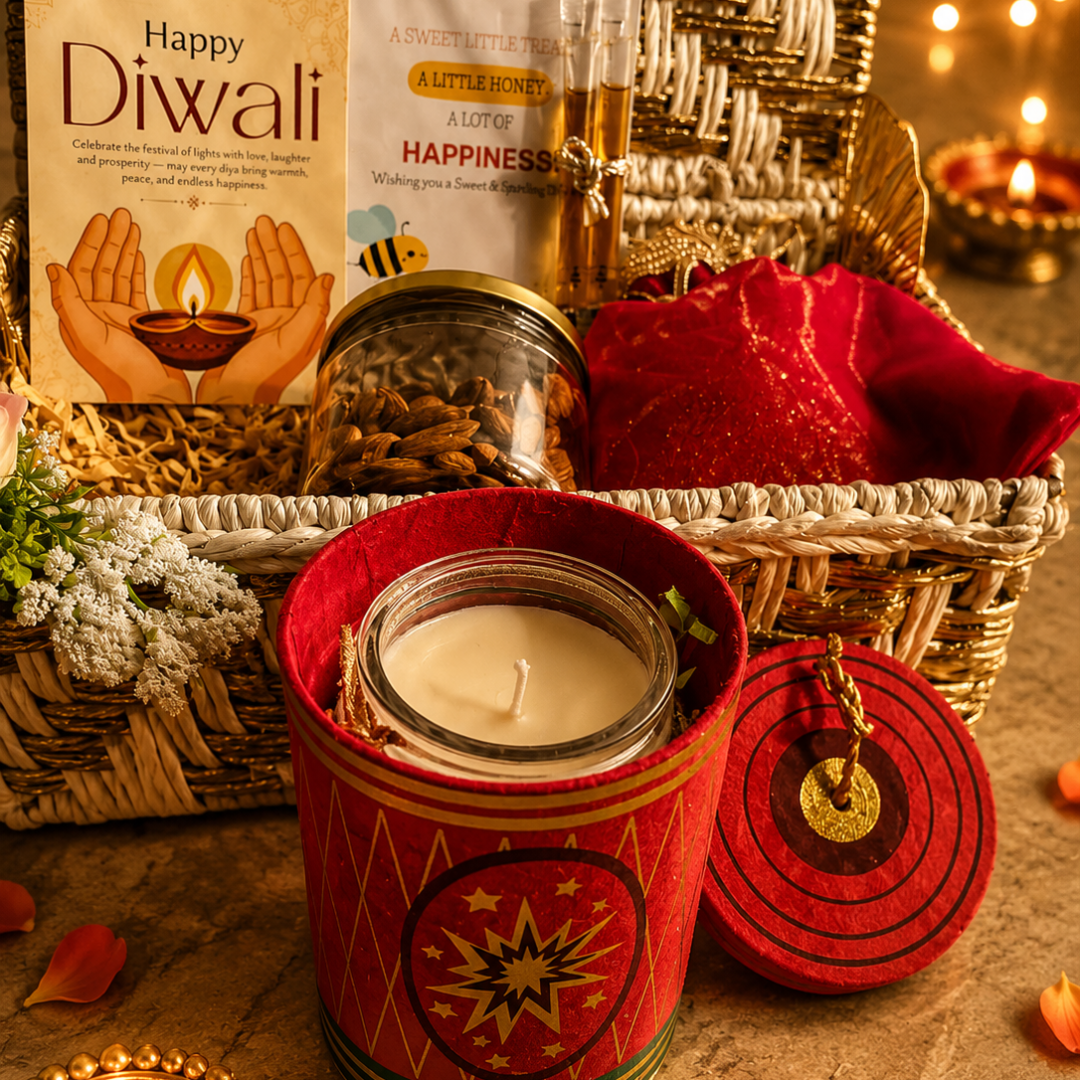Ruby Glow Golden & White Festive Gift Basket | Diwali Hamper with Dry Fruits & Candle - https://artecasa.in/