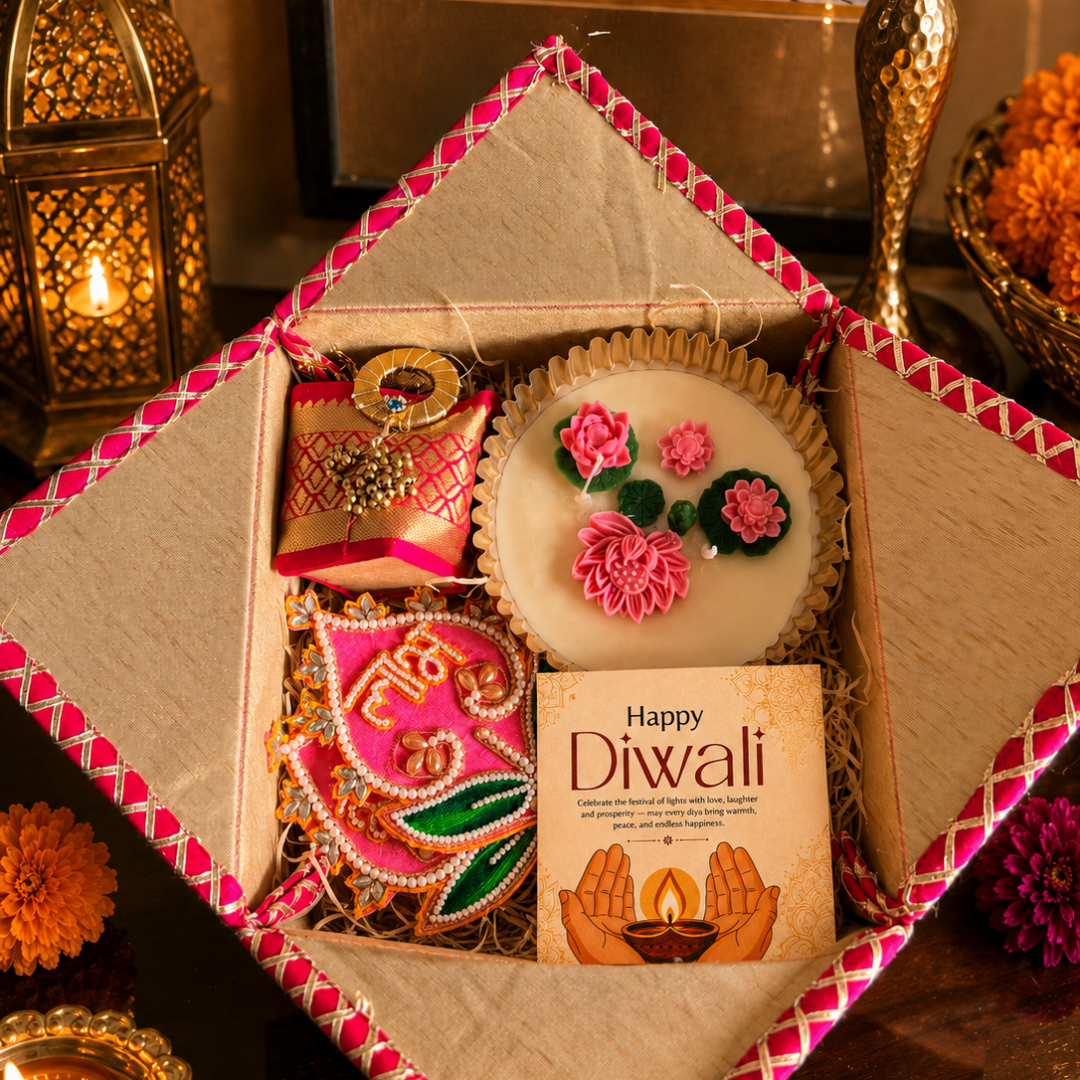 Shubh Labh Pink Celebration Gift Box | Urli Candle, Almonds & Diwali Hamper - https://artecasa.in/