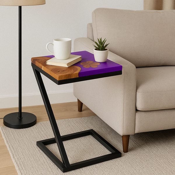 Teak Wood Epoxy End Table – Violet Resin Finish