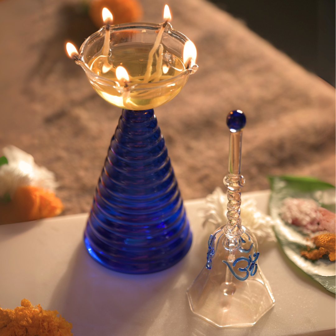 Glass Tall Diya & Ringing Bell