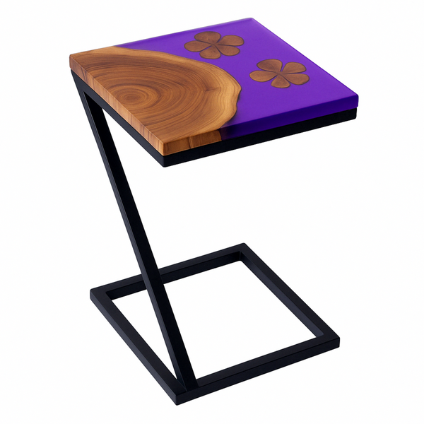 Teak Wood Epoxy End Table – Violet Resin Finish