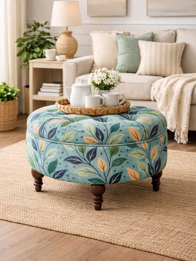 Floral Velvet Round Ottoman Stool with Sagwan Wood Legs