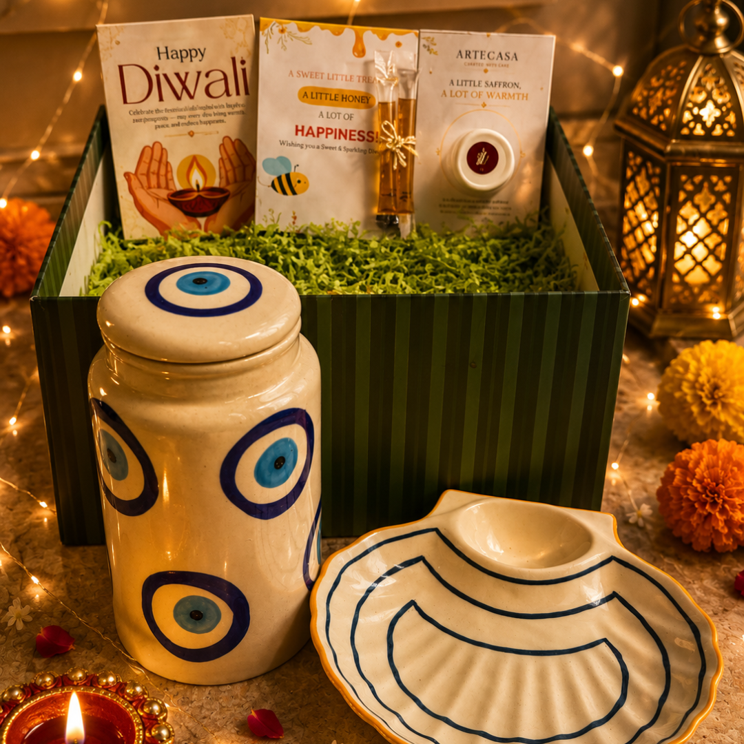 Emerald Nazar Luxe Gift Box | Evil Eye, Seashell Platter & Diwali Candle Hamper - https://artecasa.in/
