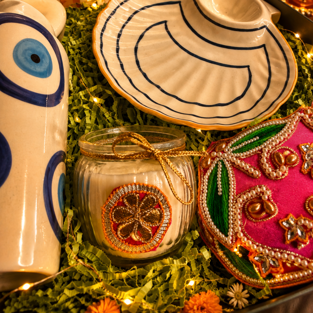 Emerald Nazar Luxe Gift Box | Evil Eye, Seashell Platter & Diwali Candle Hamper - https://artecasa.in/