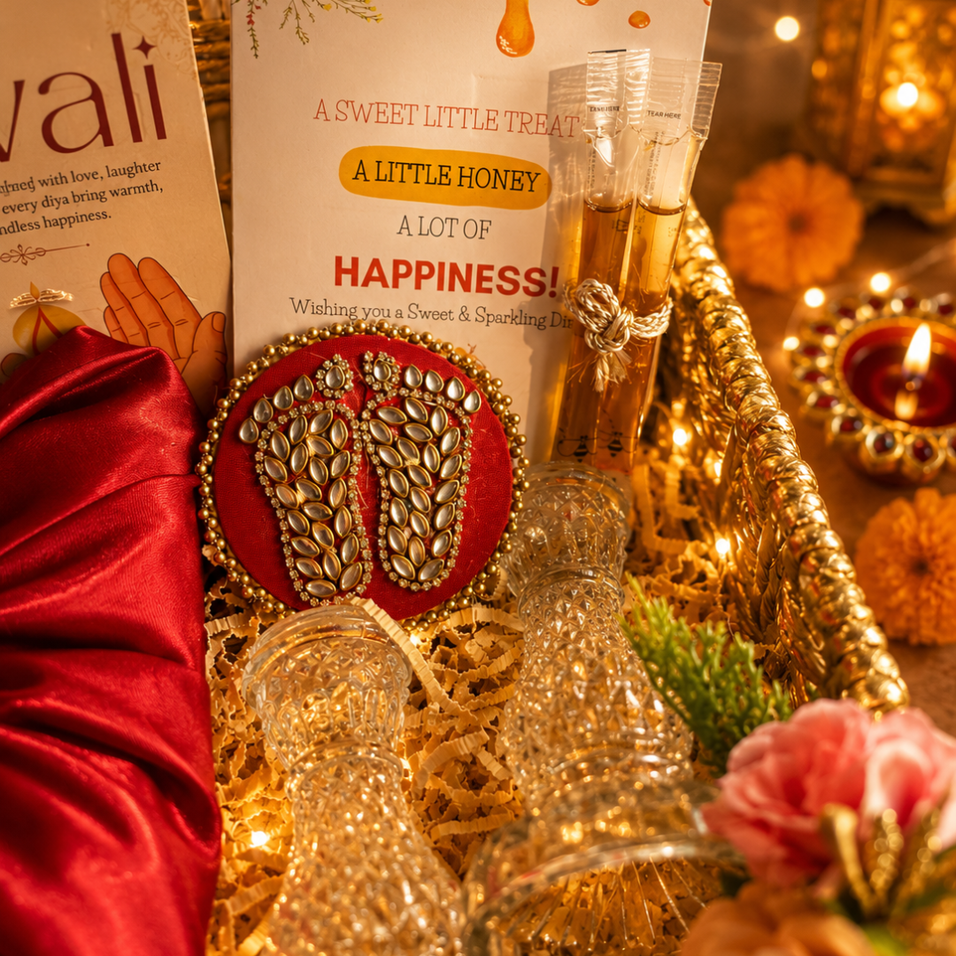Shubh Aarambh Golden & White Festive Gift Basket | German Silver Shubh Labh & Candle - https://artecasa.in/