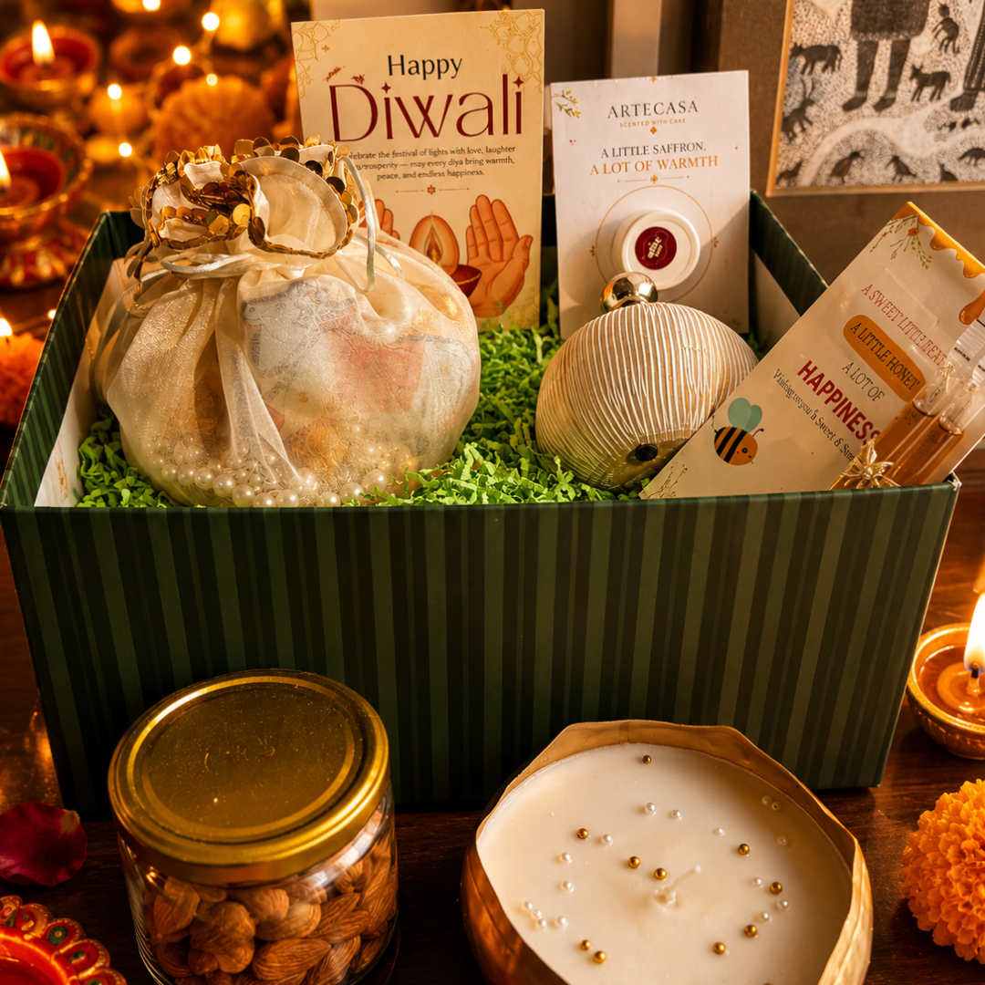Emerald Festive Harvest Gift Box | Premium Diwali Hamper with Pomegranate, Dry Fruits & Urli Candle - https://artecasa.in/