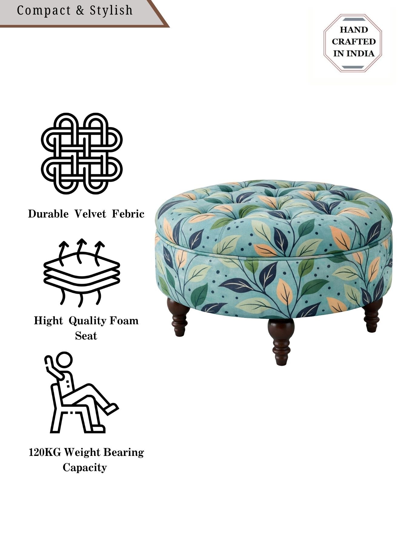 Floral Velvet Round Ottoman Stool with Sagwan Wood Legs