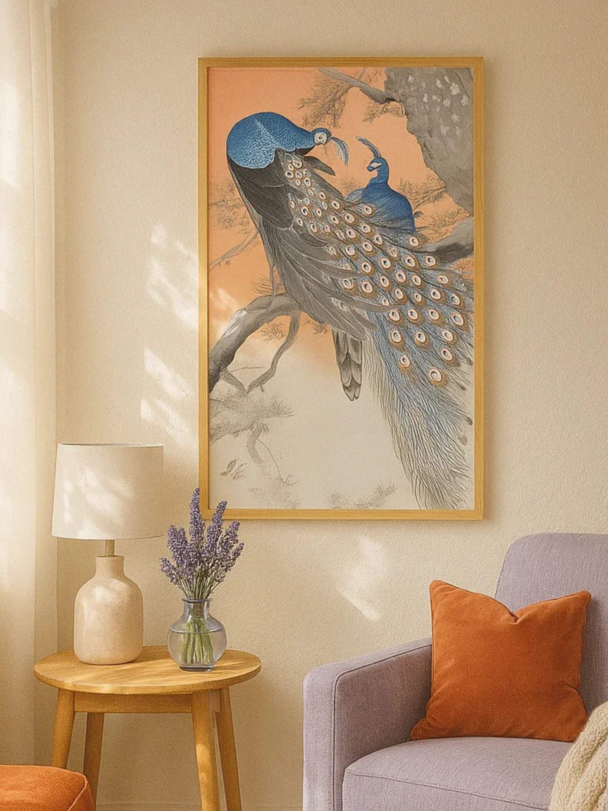 Two peacocks on tree branch (1900 - 1930) Digital Art Print