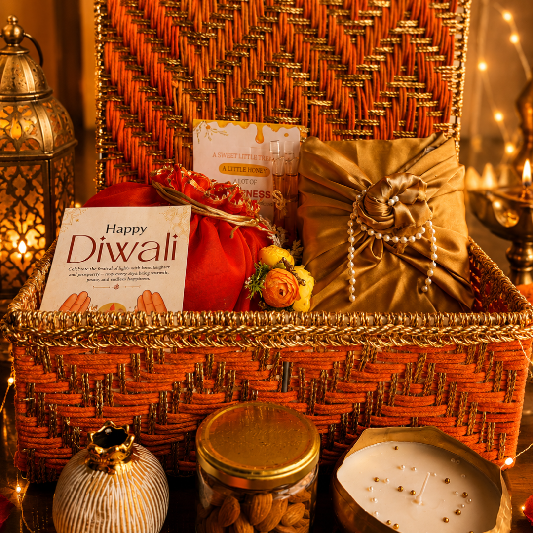 Rang Utsav Grand Orange Diwali Gift Basket | Shubh Labh, Almonds & Festive Décor - https://artecasa.in/