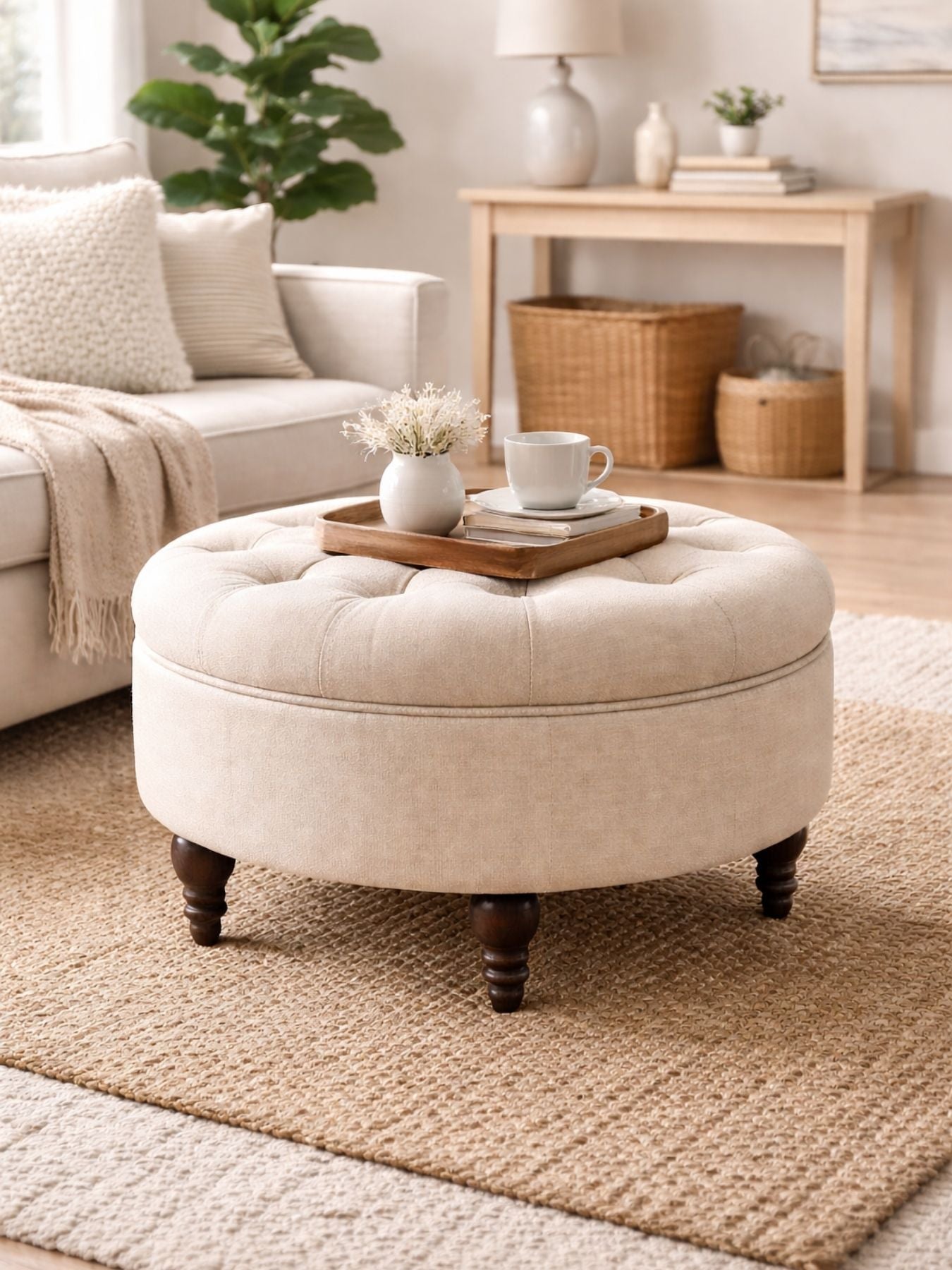 Velvet Round Ottoman Stool with Sagwan Wood Legs