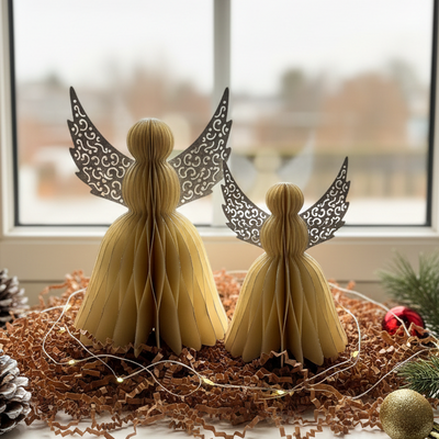 Off-white Angel With Silver Wings And Silver Glitter Edges (Set of 2)