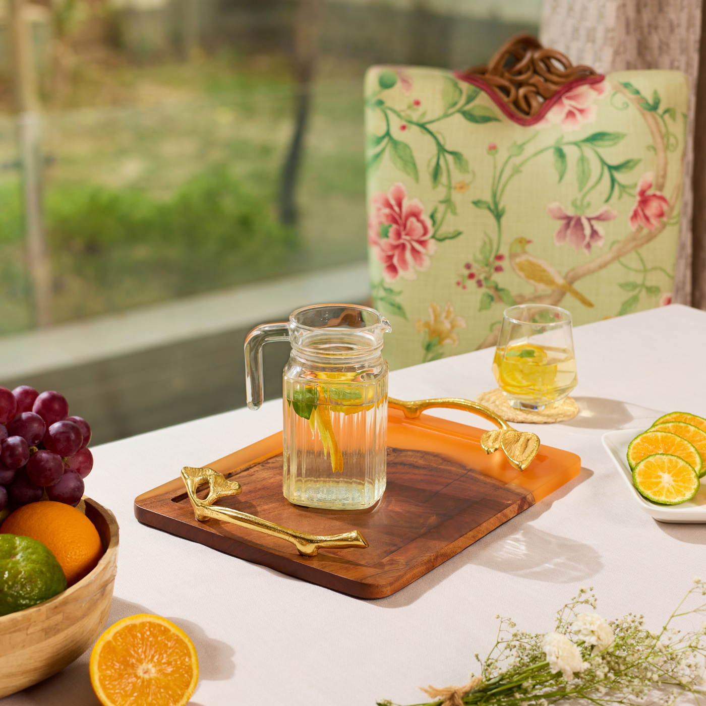 Wooden Tray with Handles – Acacia Wood, Translucent Orange Resin Finish