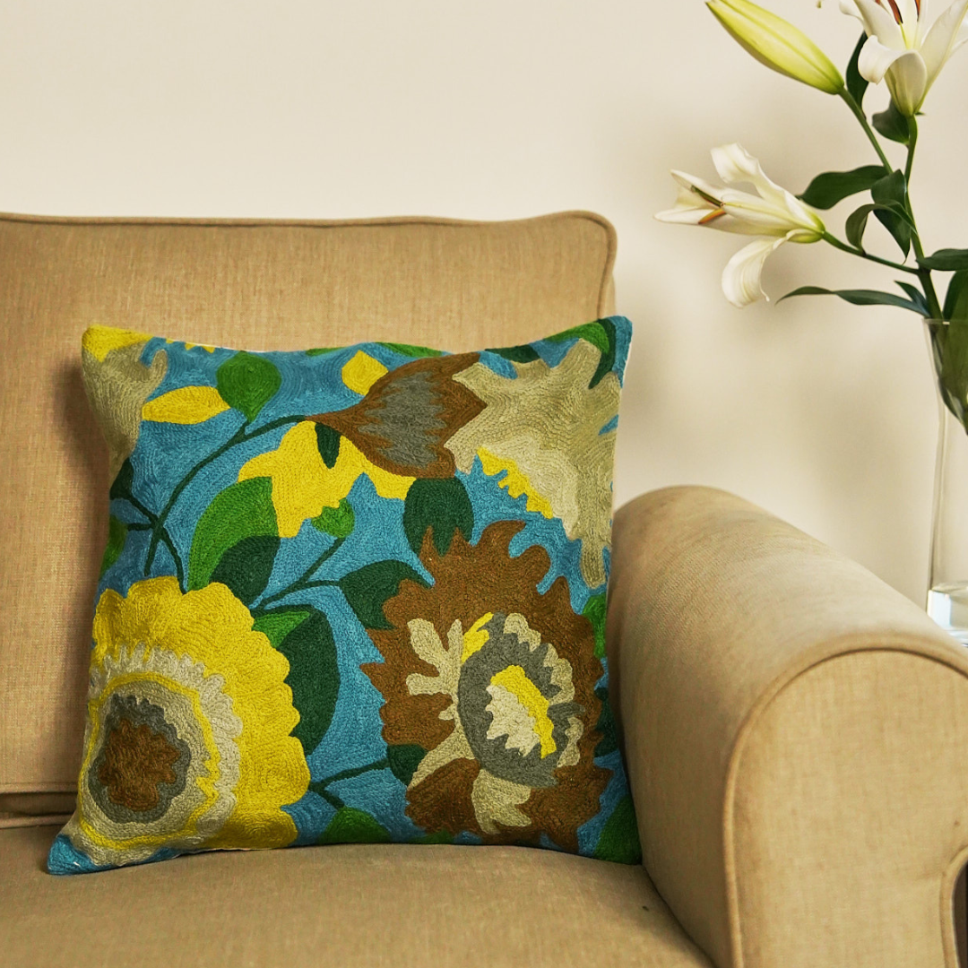 Cerulean Blue Leafy Floral Cushion Cover