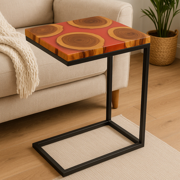 Teak Wood Epoxy End Table – Red Resin Finish