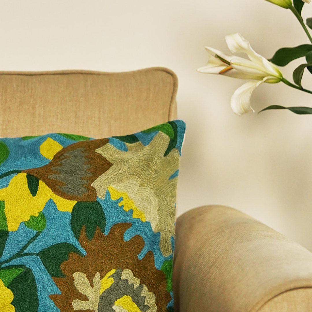 Cerulean Blue Leafy Floral Cushion Cover