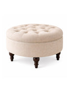 Velvet Round Ottoman Stool with Sagwan Wood Legs