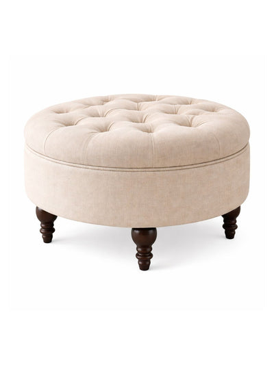 Velvet Round Ottoman Stool with Sagwan Wood Legs