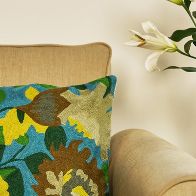 Cerulean Blue Leafy Floral Cushion Cover