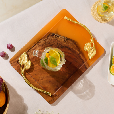 Wooden Tray with Handles – Acacia Wood, Translucent Orange Resin Finish