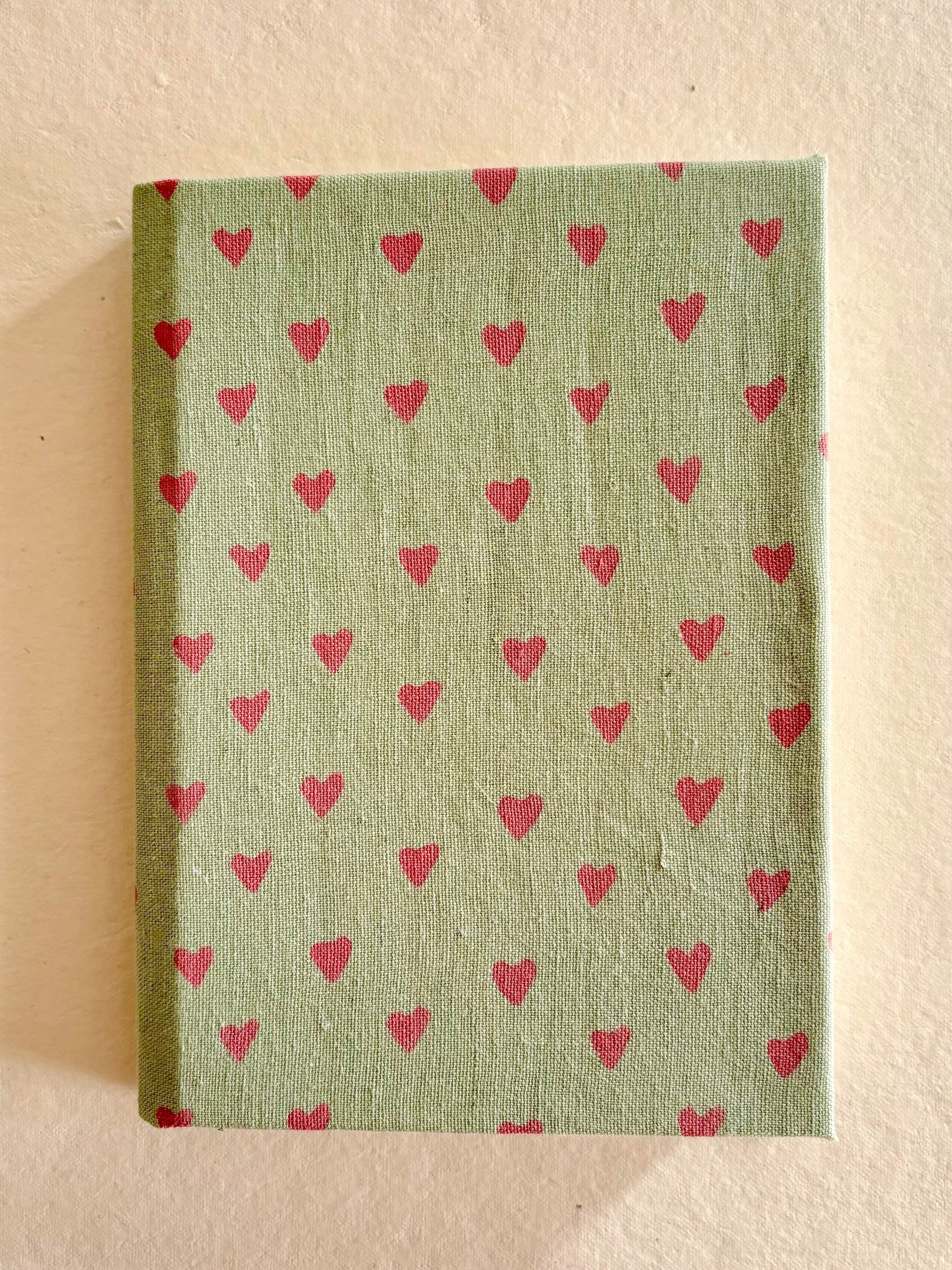 Handcrafted Sustainable A5 Diary Journal Notebook l Handmade Paper l Pink Hearts on Green