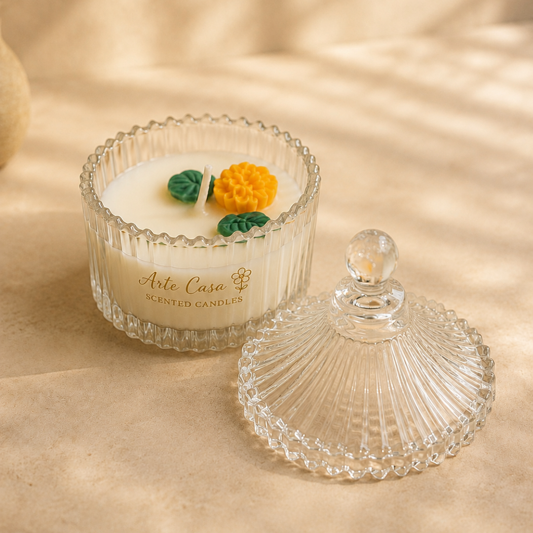 Meadow Duo Yellow & Green Glass Candle Set | Mini Genda Flower Scented Candles - https://artecasa.in/