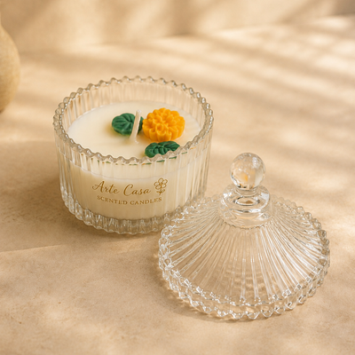 Meadow Duo Yellow & Green Glass Candle Set | Mini Genda Flower Scented Candles - https://artecasa.in/