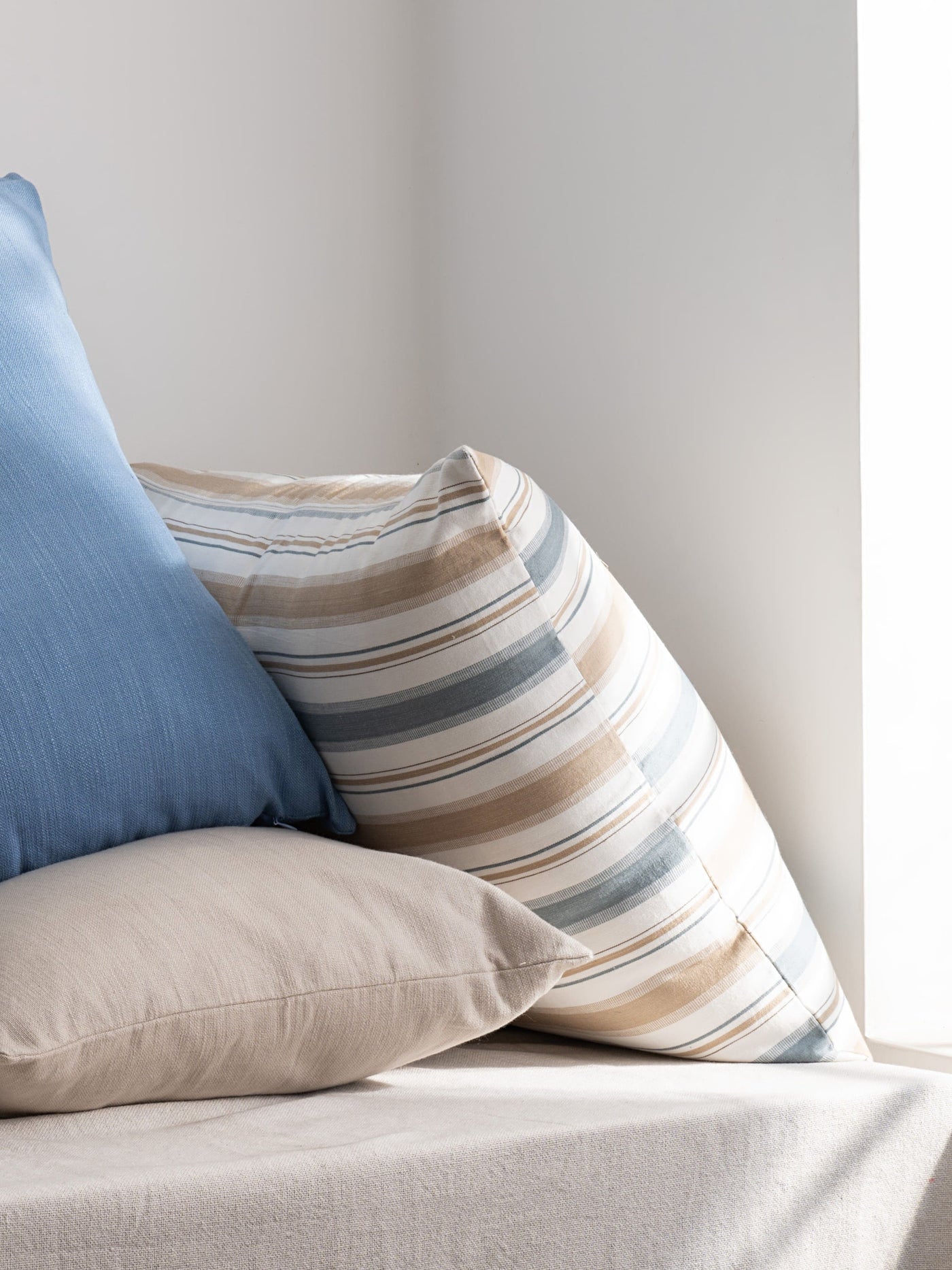 Montauk Blue and Brown Striped Cotton Cushion Cover