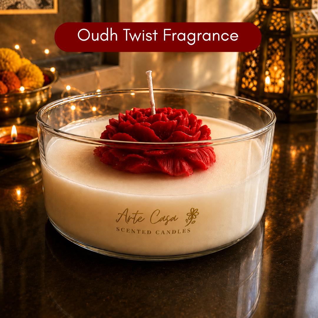Crimson Rose Round Sculptural Candle | Red Carnation Scented Soy Wax Candle - https://artecasa.in/