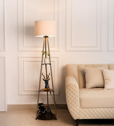 Antique Brass 3-Shelf Floor Lamp (5 ft) – 14″ Shade