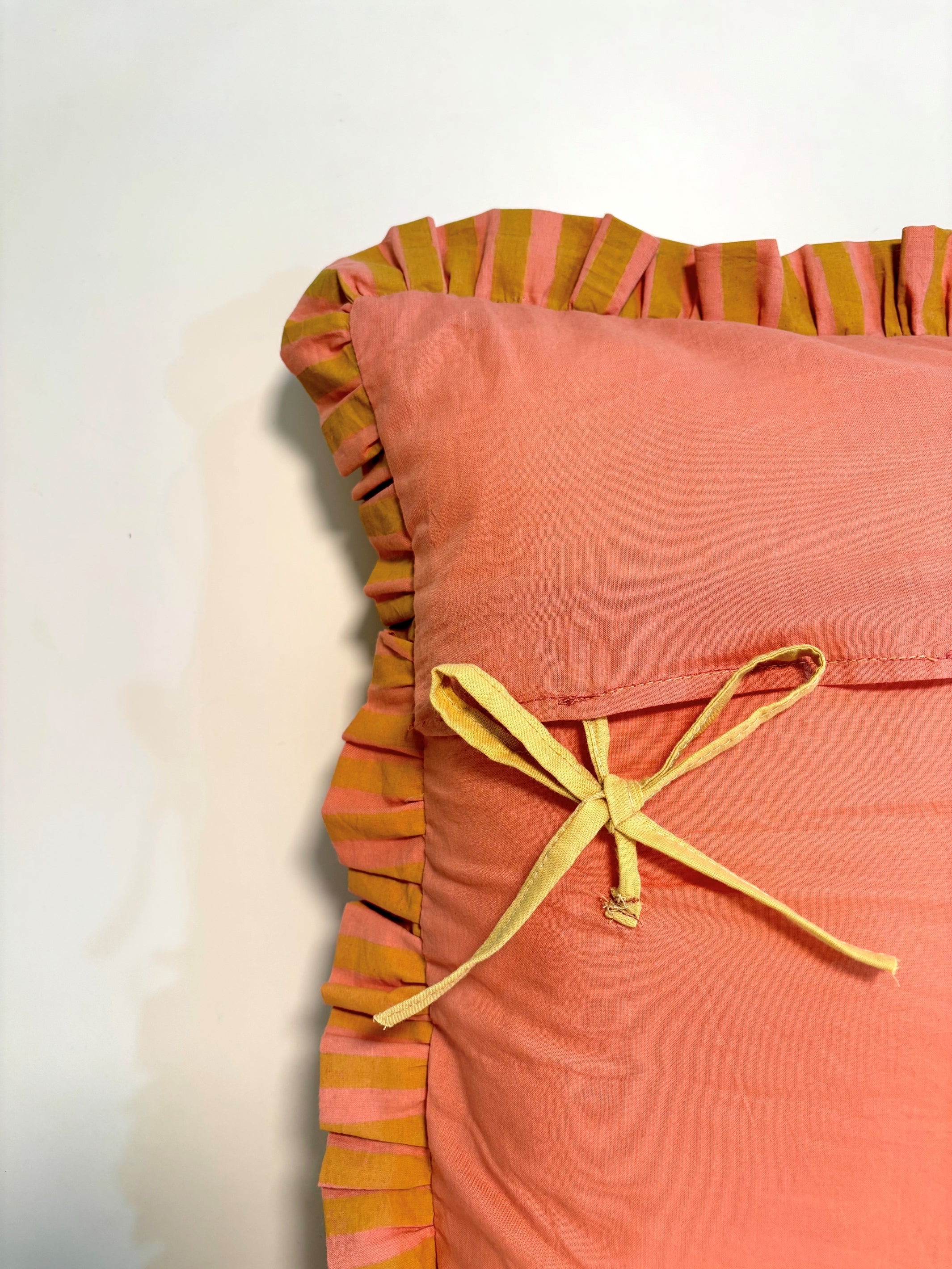 Stripe Break Cotton Ruffle Cushion Cover l Mustard & Peach