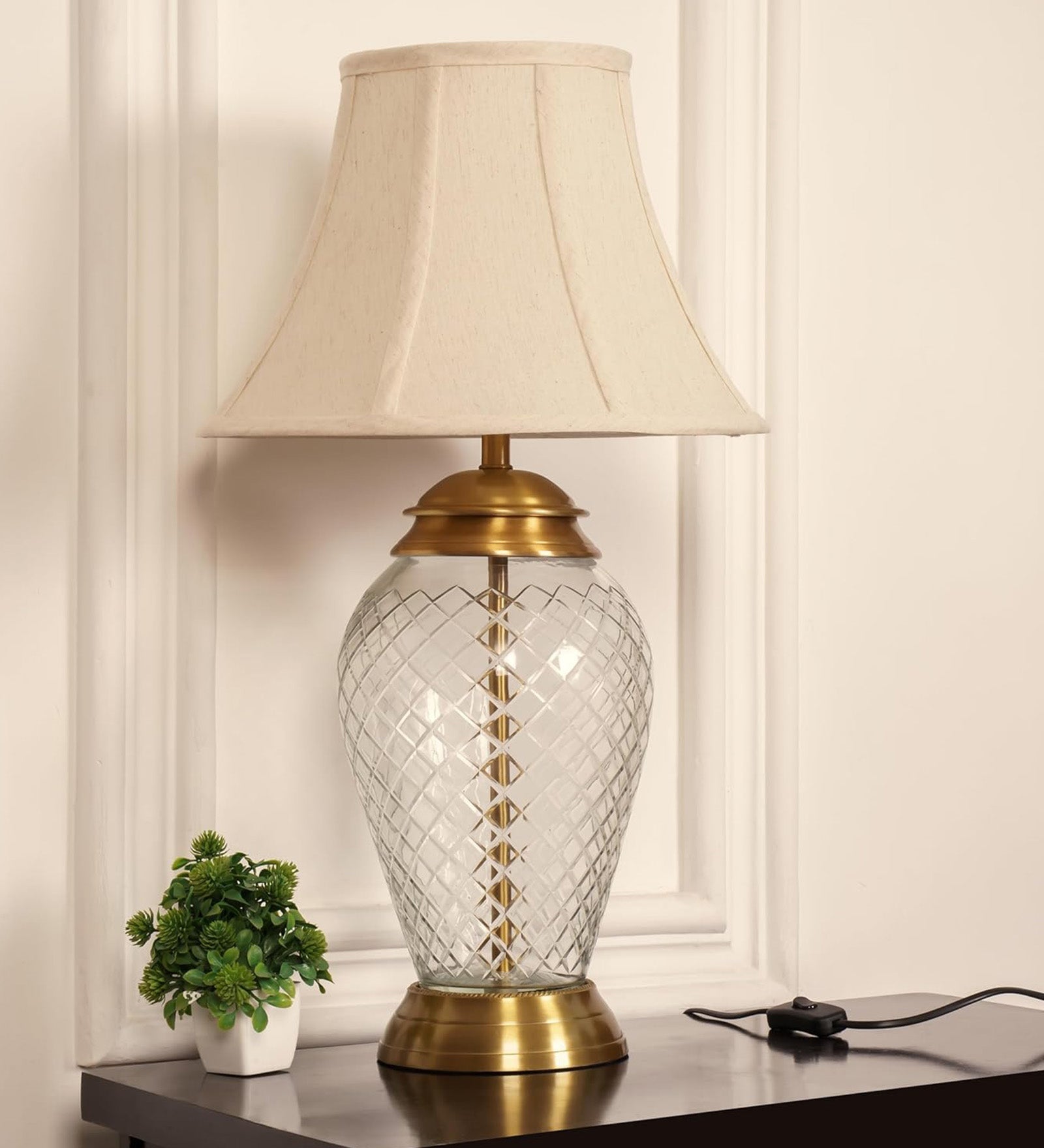 Diamond-Cut Glass Table Lamp, Antique Brass (23") – Bell Shade