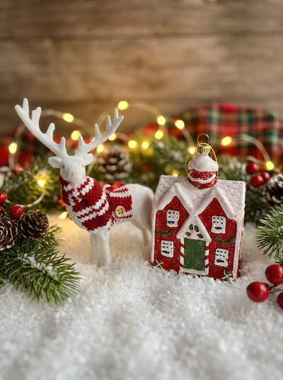 Christmas Tree Ornaments Set of 2 – Snowy Cottage and White Reindeer