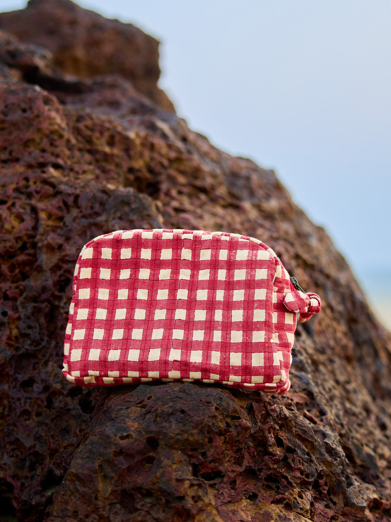 Sustainable Quilted Cotton Travel Pouch Set l Red Checks Classic Organiser Set